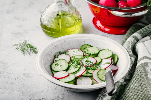 Frisse zomer salade met komkommer, groene uien, radijs en dille — Stockfoto