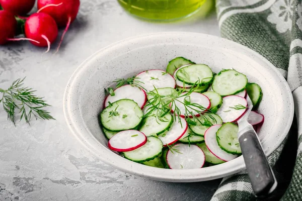 Fresh summer salad with radish and cucumber, green onions and dill — Stock Photo, Image