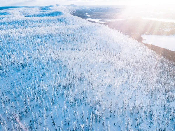 Vista aérea superior da neve inverno paisagem de montanha com florestas, lagos congelados e estrada na Finlândia . — Fotografia de Stock