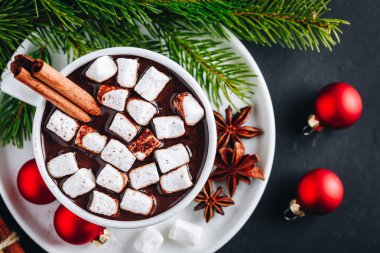 Noel tatili için marşmelovlu Ginger Tarçınlı Sıcak Çikolata.  