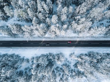 Finlandiya 'da kış yolu ve karla kaplı ormanın havadan görünüşü