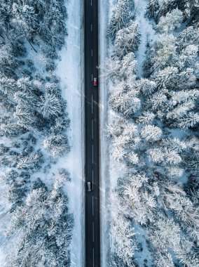 Finlandiya 'da kış yolu ve karla kaplı ormanın havadan görünüşü