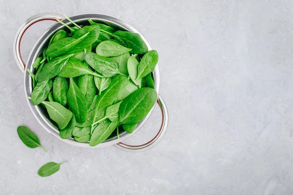 Fresh Spinach Leaves. Raw Spinach in a colander for vegetarian or vegan salad or smoothie.