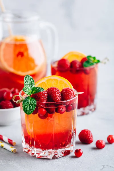 Raspberry Cranberry Sangria Punch or Mojito in glass with orange slices and mint — 스톡 사진