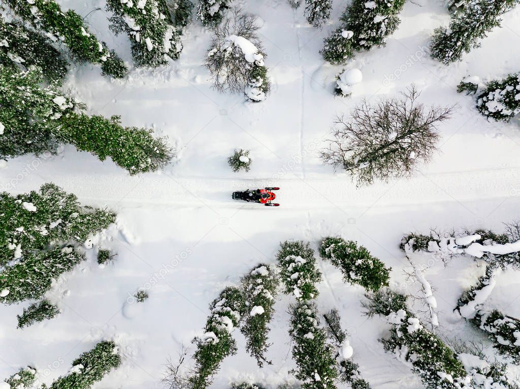 Aerial view of red snowmobile in snow covered winter forest in rural Finland