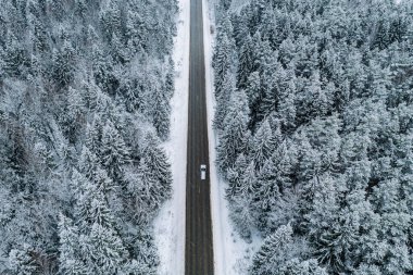 Finlandiya 'da kış yolu, araba ve karla kaplı orman manzarası
