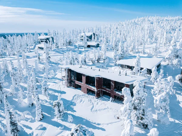 Aerial view of wooden log cabin and snow covered trees in winter Finland Lapland. — Stock Photo, Image