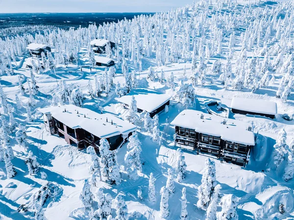 Widok z lotu ptaka drewniana chata i pokryte śniegiem drzewa zimą Finlandia Laponia. — Zdjęcie stockowe