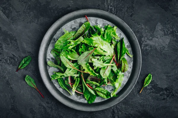 Misture Folhas Verdes Frescas Alface Para Salada Fundo Pedra Escura — Fotografia de Stock