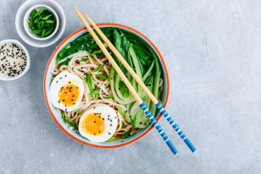 Asya Udon veya Ramen erişteli miso çorbası Bok Choy ve kaynamış yumurta. Üst görünüm, alanı kopyala.