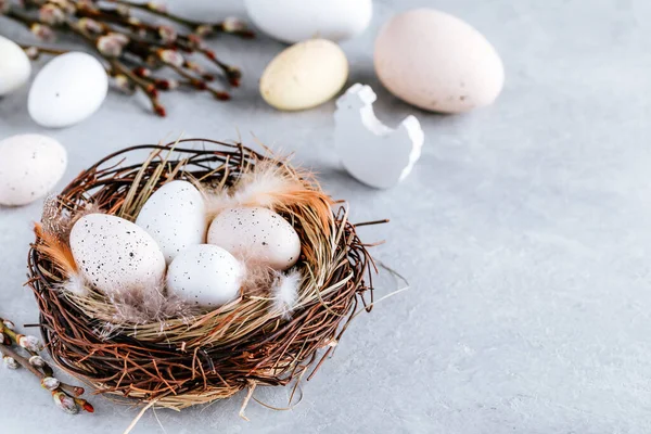Velikonoční Vajíčka Hnízdě Šedém Kamenném Pozadí Kopírujte Prostor Veselé Velikonoce — Stock fotografie