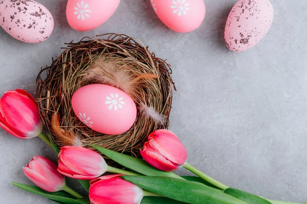 Colorful Easter Egg Nest Tulip Flowers Gray Stone Concrete Background — Stock Photo, Image