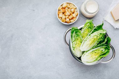 Klasik Sezar Salatası, Romaine Marul, ev yapımı sos, parmesan peyniri ve çıtır kıtır ekmek. Üst görünüm, alanı kopyala.