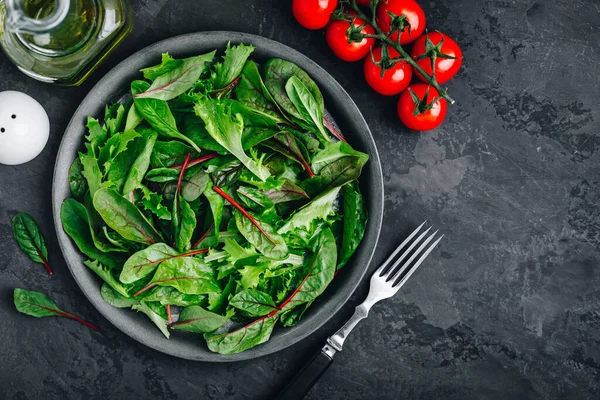 Lattuga Verde Fresca Mista Biologica Con Pomodori Ingredienti Insalata Vista — Foto Stock