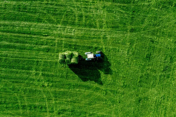 Vista Aérea Campo Colheita Grama Verde Com Fardo Feno Movimento — Fotografia de Stock