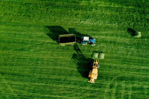 Flygfoto Grönt Gräs Skörd Fält Med Traktor Flyttar Höbalen Finalnd — Stockfoto