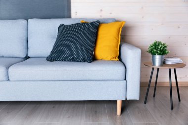 Kanepe ve renkli yastıklarla dolu güzel, modern oturma odası.