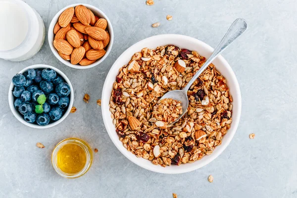 格拉诺拉谷类与新鲜蓝莓 牛奶和蜂蜜 健康早餐的配料 — 图库照片