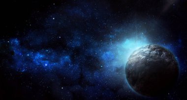 Uzay ve gezegendeki yıldızların parlak mavi parlaklığı, soyut uzay 3 boyutlu illüstrasyon