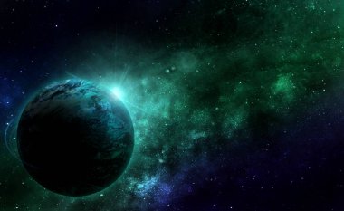 Güzel soyut illüstrasyon, uzayda Dünya gezegeni ve mavi ışık saçan yeşil tonlarda yıldızlar.