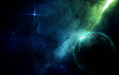 abstract space illustration, planet and blue-green nebula in the radiance of stars clipart