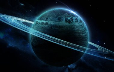 abstract space illustration, planet Saturn in blue light clipart