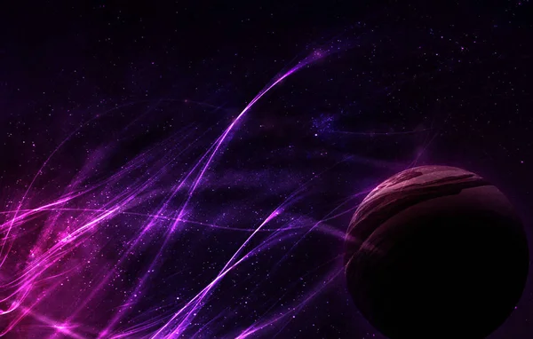 抽象的な空間イラスト 惑星と鮮やかなピンクと紫の抽象的な輝きの線 — ストック写真