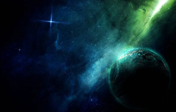 soyut uzay çizimi, gezegen ve yıldızların ışıltısında mavi-yeşil nebula