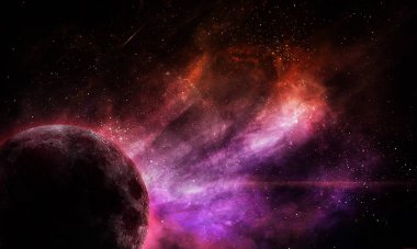 abstract space illustration, bright red-violet planet and space nebula clipart