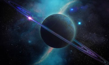 soyut uzay çizimi, 3 boyutlu resim, mavi gökyüzü ve yıldızların parlaklığında Satürn plasentası
