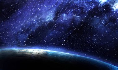 Kozmik soyut çizimler, mavi gezegen Dünya ve nebula, parlayan yıldızlar.