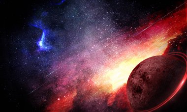 cosmic abstract illustration, red moon and blue nebula, shining stars clipart