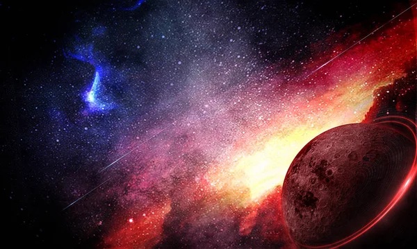 Kozmik soyut çizimler, kırmızı ay ve mavi nebula, parlayan yıldızlar.