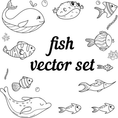 Deniz sakinleri ile karalama elementleri vektör kümesi - balık, boyama kitabı