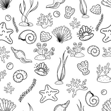 vektörsüz desen, kabuklu karalamalar, deniz yosunu, boyama kitabı