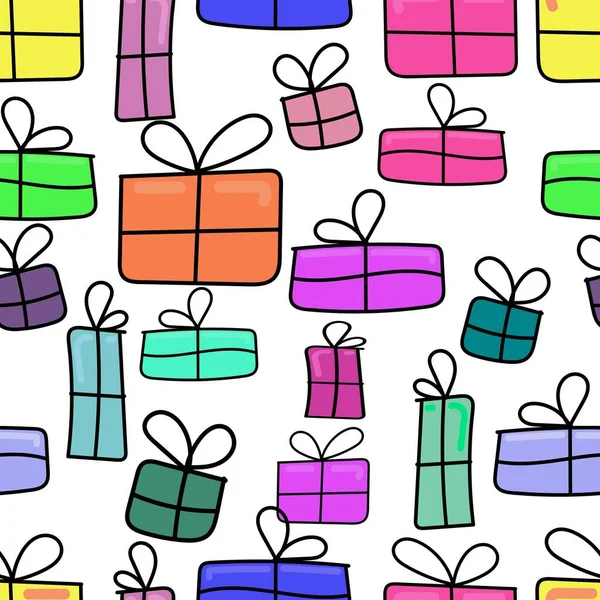 Vector Seamless Pattern Colored Boxes Gifts Birthday Doodles — Stock Vector