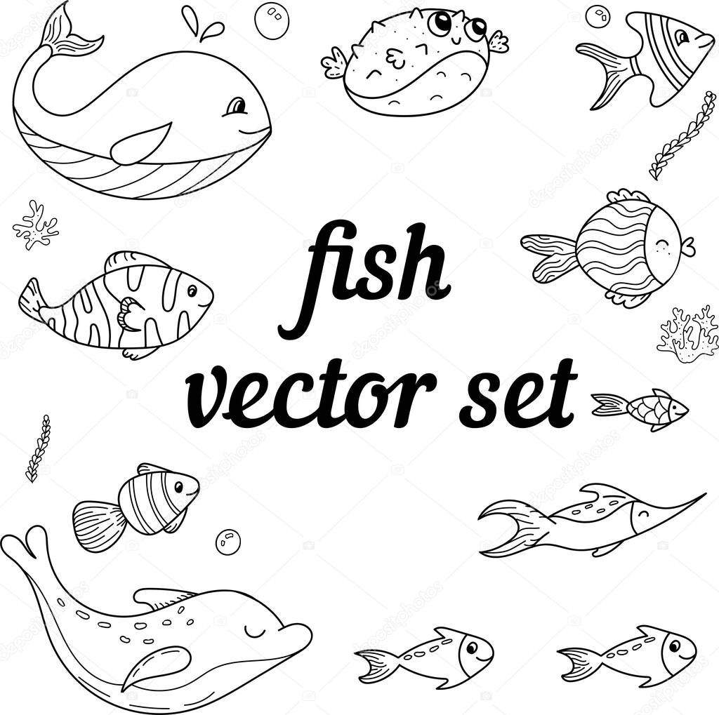 vector set of doodle elements with marine inhabitants - fish, coloring book