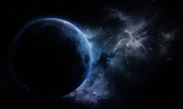 抽象空间图解 3D图像 蓝月亮行星 恒星和星云 — 图库照片