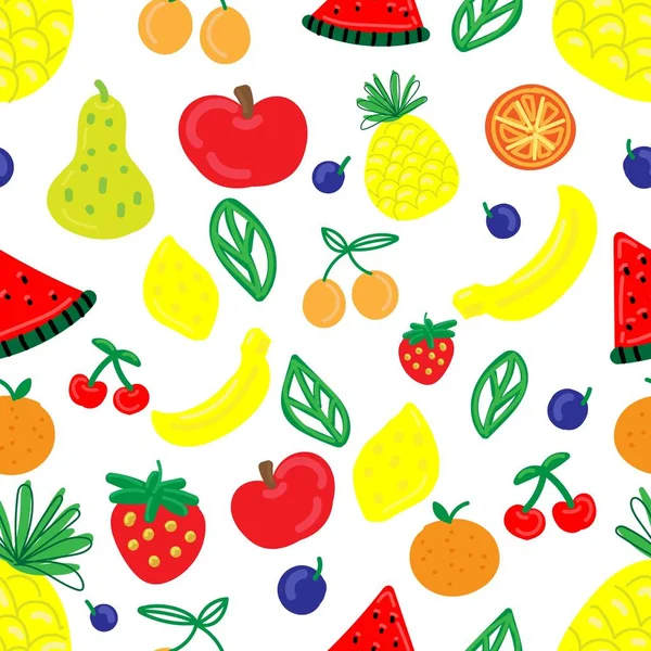 Vektor Nahtlose Muster Lustige Primitive Helle Früchte Und Beeren — Stockvektor