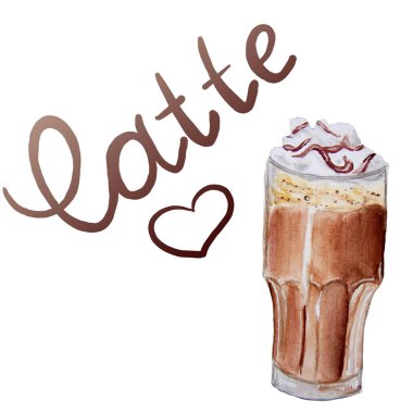 Raster Illustrasyon, kahve ile bardak - latte, suluboya elle çizilmiş