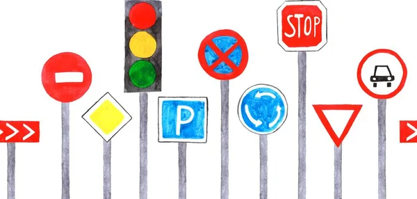 vektörsüz yatay sınır, elle çizilmiş suluboya yol işaretleri ve trafik ışığı, trafik kuralları