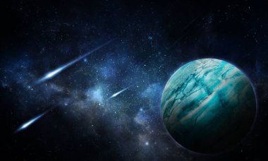 soyut uzay çizimi, 3 boyutlu resim, uzayda mavi gezegen ve parlayan kameralar