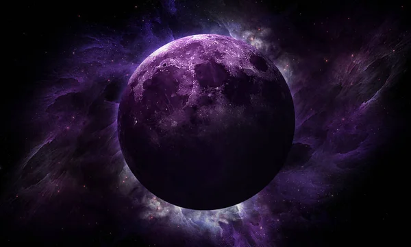 soyut uzay çizimi, 3 boyutlu resim, uzayda mor ay ve nebulada parlayan yıldızlar.
