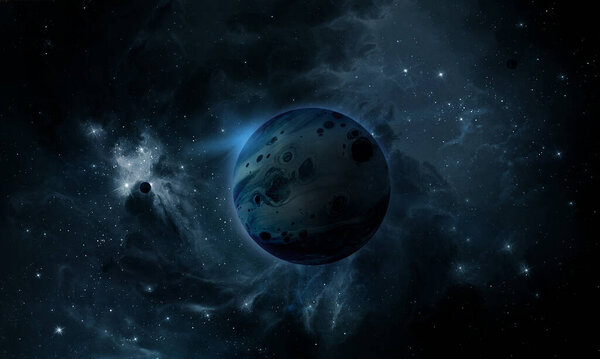 Abstract space illustration, 3d image, blue planet in space and the radiance of stars