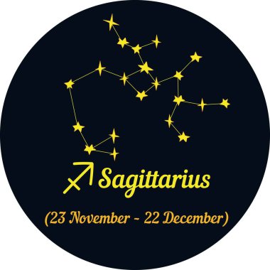 Vektör illüstrasyonu, mavi bir dairede burç işaretleri, takımyıldız ve tarih - yay burcu