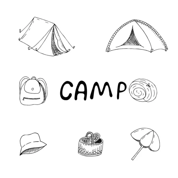 Conjunto Vetorial Elementos Desenhados Mão Estilo Doodle Piquenique Camping Barraca — Vetor de Stock