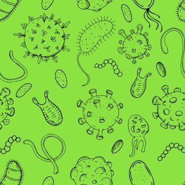 Yeşil zemin üzerinde vektörsüz desen, virüsler ve bakteriler