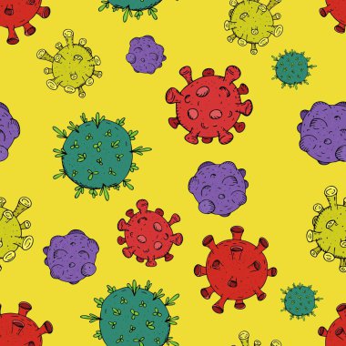 Sarı arka planda parlak renkli virüsler ve bakteriler.