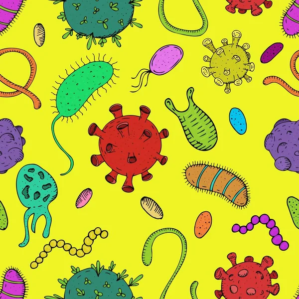 Patrón inconsútil vector, virus de color brillante y bacterias sobre un fondo amarillo — Vector de stock
