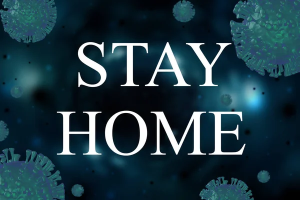 3D εικόνα, μπλε ιός coronovirus σε σκοτεινό φόντο, banner κλήση - μείνετε στο σπίτι — Φωτογραφία Αρχείου